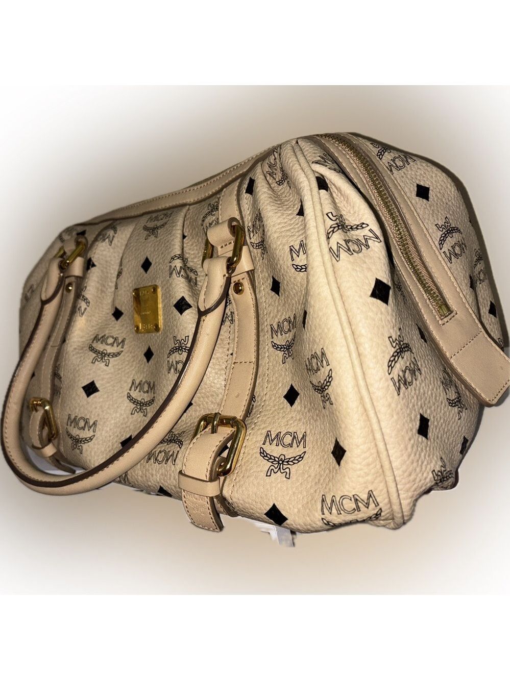 MCM Cream Satchel Bag with Monogram Design - Picture 8 of 16